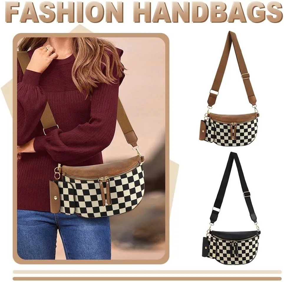 2 Pcs Checkered Crossbody Bag Bum Bag Checkered Purse Sling Backpack Hobo Satchels Shoulder Wallet Plaid Fanny Pack