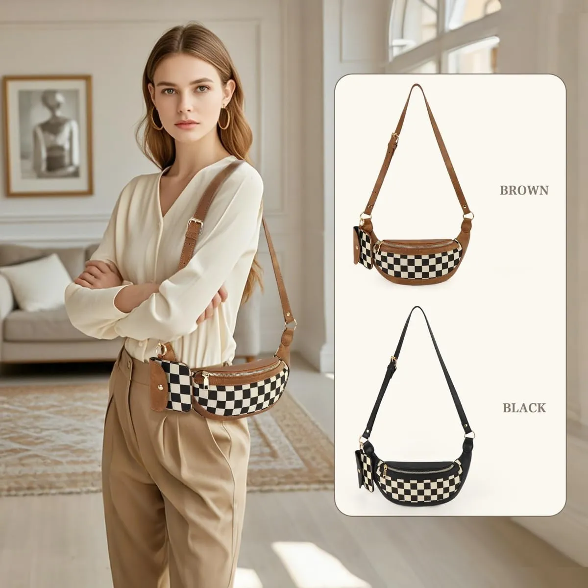 2 Pcs Checkered Crossbody Bags for Women Checkered Cross Body Sling Backpack Bum Bag Hobo Shoulder Satchels Wallet Purses