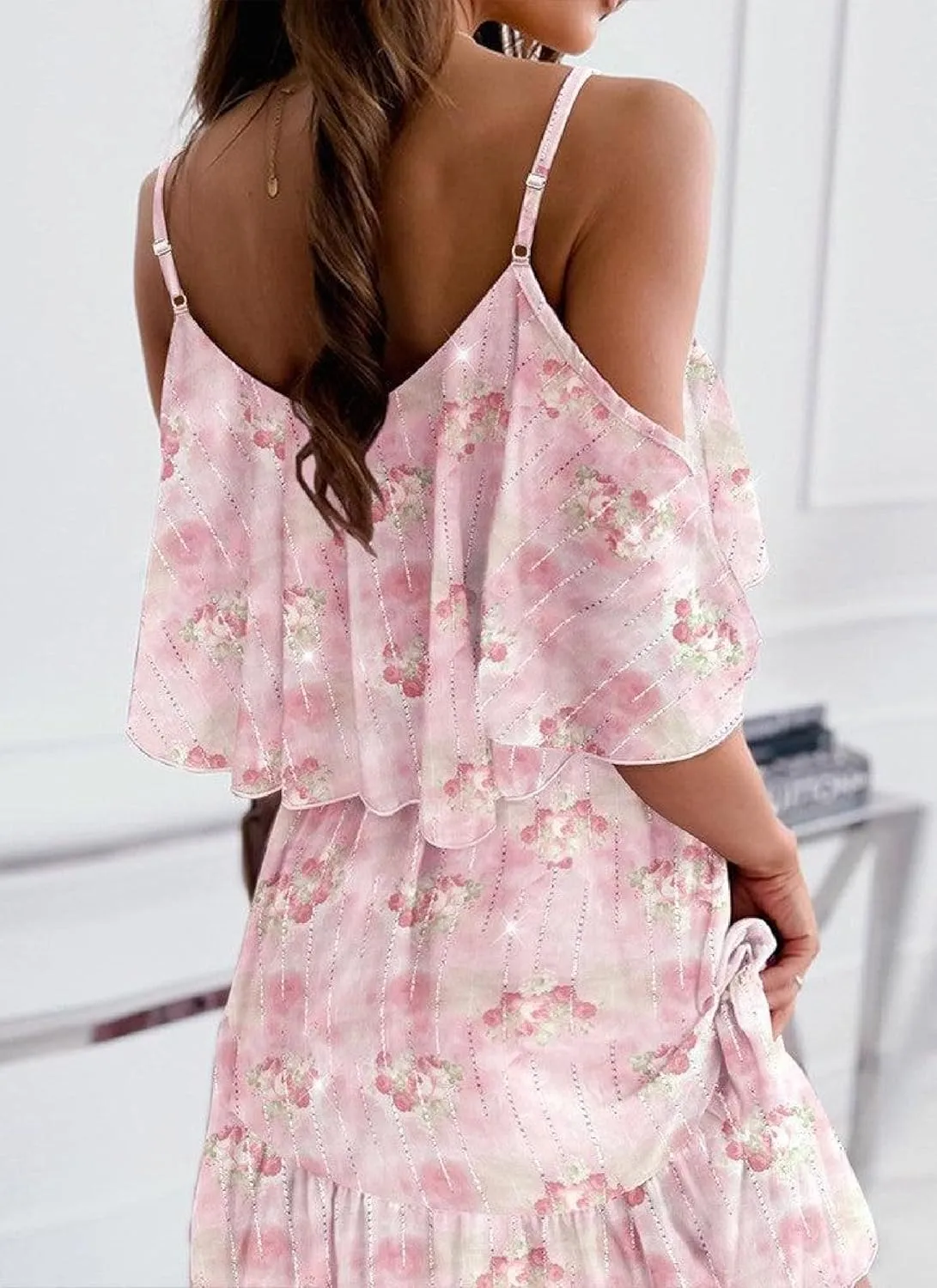2025 Summer Sundresses for Women Off The Shoulder Romantic Floral Print Pink Ruffle Hem Flowy Swing A Line Mini Dress