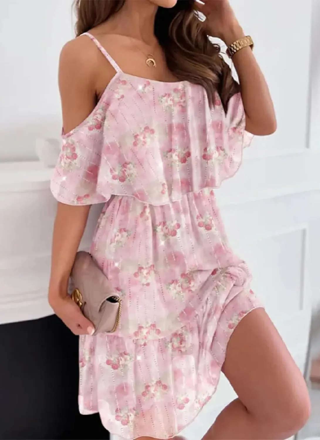 2025 Summer Sundresses for Women Off The Shoulder Romantic Floral Print Pink Ruffle Hem Flowy Swing A Line Mini Dress