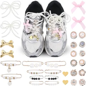 30 Pcs Shoe Charms for Sneakers, Shoe Lace Socks Charms Pins Shoe Decoration for Women, Shoe Jewelry for Sneakers, Shoe Accessories, Includes Bows Clips Pins Jewelry Pearl