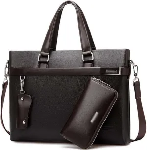 3pcs Set Men Briefcase Leather Male Business Office Bags Men's Briefcase Brown Laptop Briefcase