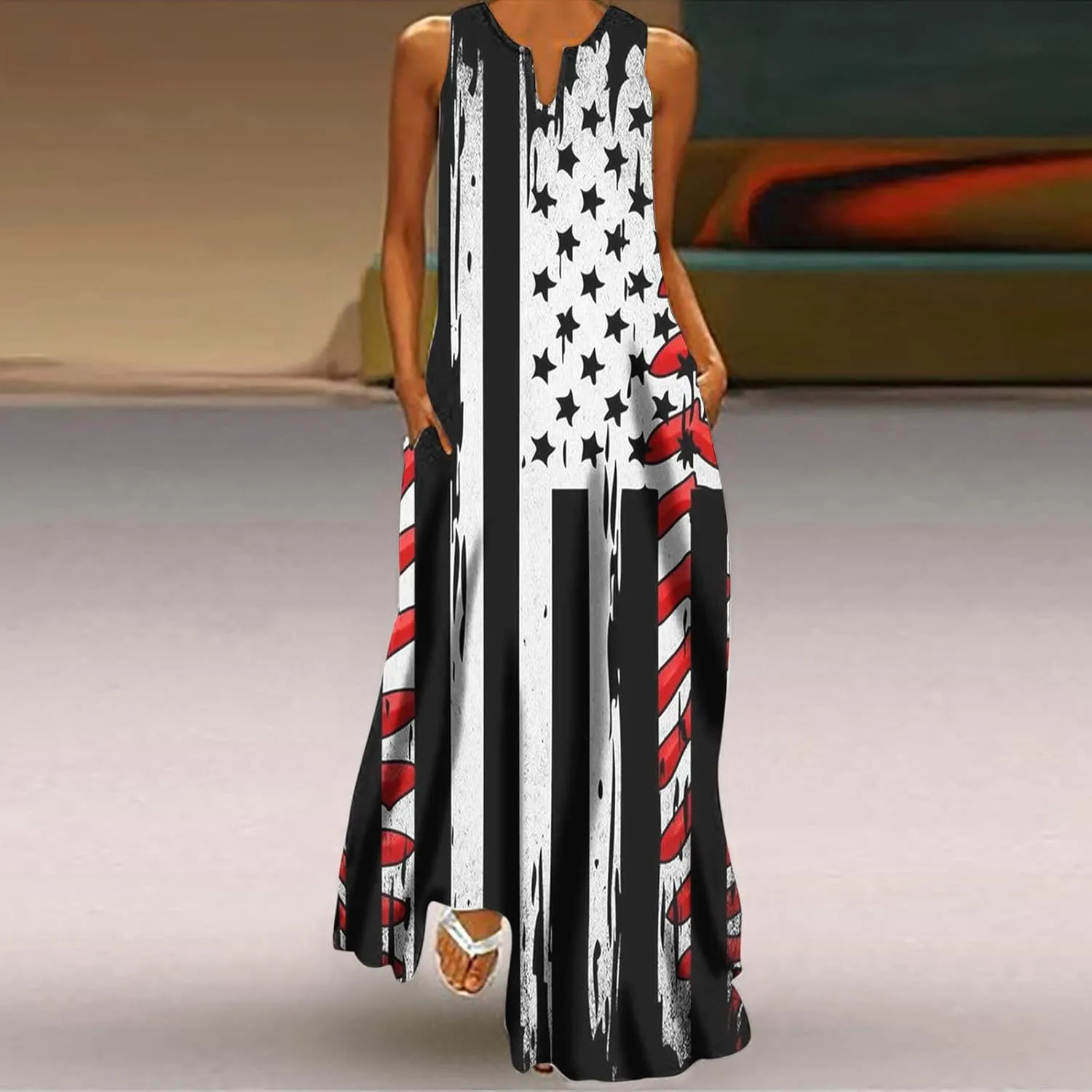 4th of July Maxi Long Dresses for Women 2023 Casual Summer Sleeveless Flowy Tank Sundress Star Stripes Patriotic Dress