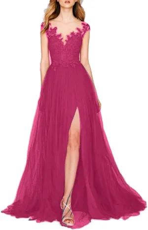 A-Line Romantic Chiffon Evening Gown Court Train Prom Sleeveless V Neck Wedding Guest Dress with Slit Appliques 2024