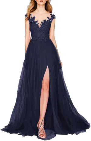 A-Line Romantic Chiffon Evening Gown Court Train Prom Sleeveless V Neck Wedding Guest Dress with Slit Appliques 2024
