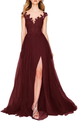 A-Line Romantic Chiffon Evening Gown Court Train Prom Sleeveless V Neck Wedding Guest Dress with Slit Appliques 2024
