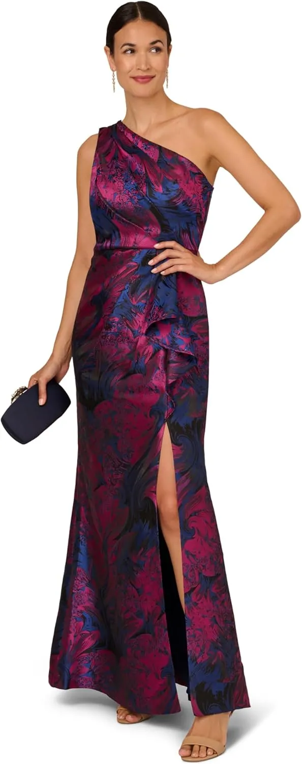 Adrianna Papell Women's One Shoulder Jacquard Gown