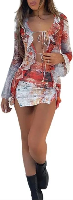 AIBEARTY Women Sexy Mesh Sheer Bodycon Mini Dress Long Sleeve Ruffle Cutout Bandage Deep V Neck Party Cocktail Short Dresses