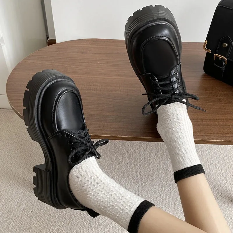 AMOZAE- - Sophisticated Style Black Patent Leather Oxford Chunky Platform Pumps