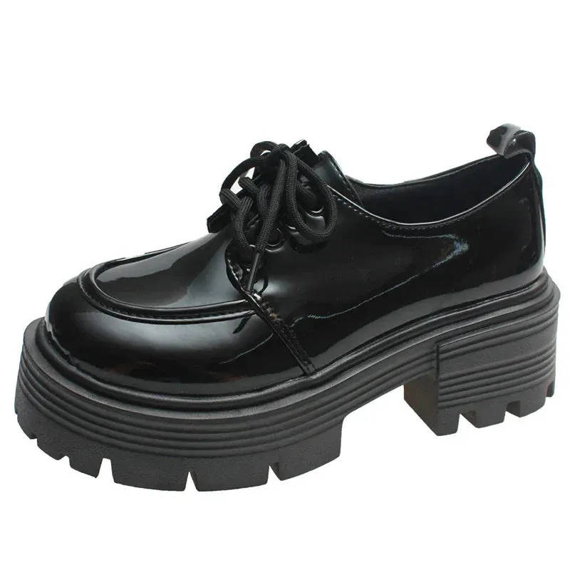 AMOZAE- - Sophisticated Style Black Patent Leather Oxford Chunky Platform Pumps