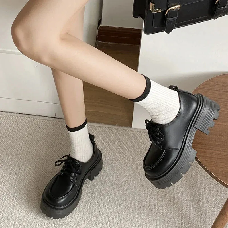 AMOZAE- - Sophisticated Style Black Patent Leather Oxford Chunky Platform Pumps