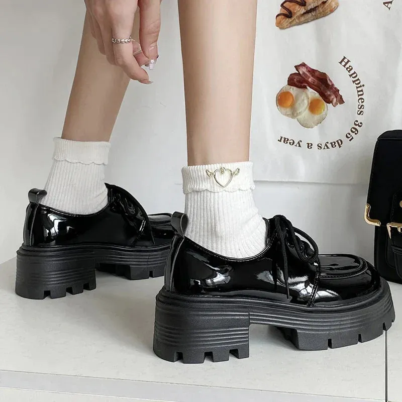 AMOZAE- - Sophisticated Style Black Patent Leather Oxford Chunky Platform Pumps