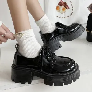 AMOZAE- - Sophisticated Style Black Patent Leather Oxford Chunky Platform Pumps