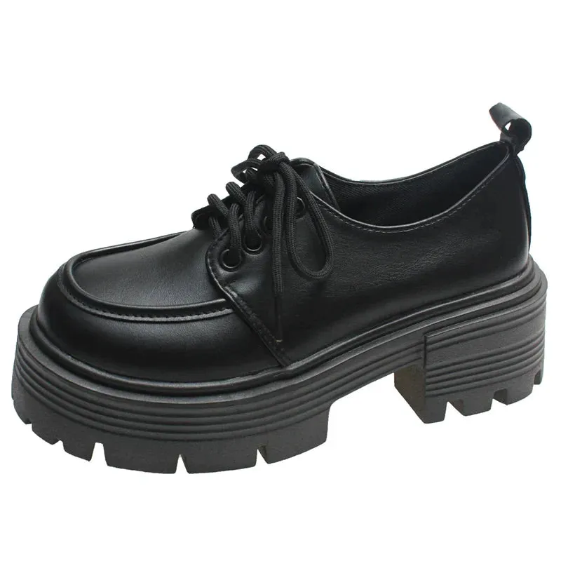AMOZAE- - Sophisticated Style Black Patent Leather Oxford Chunky Platform Pumps