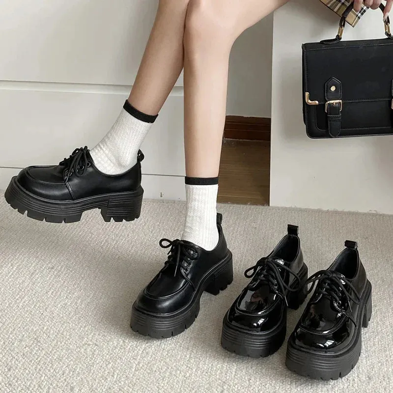 AMOZAE- - Sophisticated Style Black Patent Leather Oxford Chunky Platform Pumps