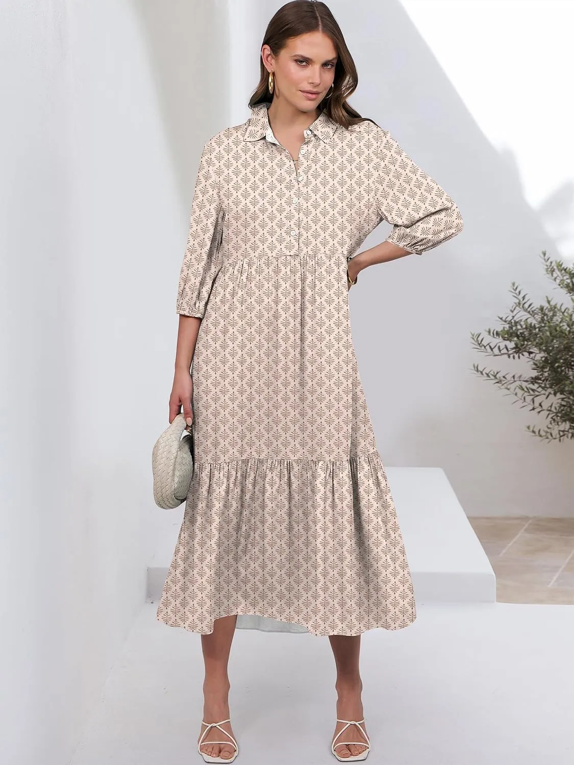ANRABESS Women Casual 3/4 Puff Sleeve Polo V Neck Floral Printed Flowy Swing Loose Summer Boho Maxi Shirt Dresses