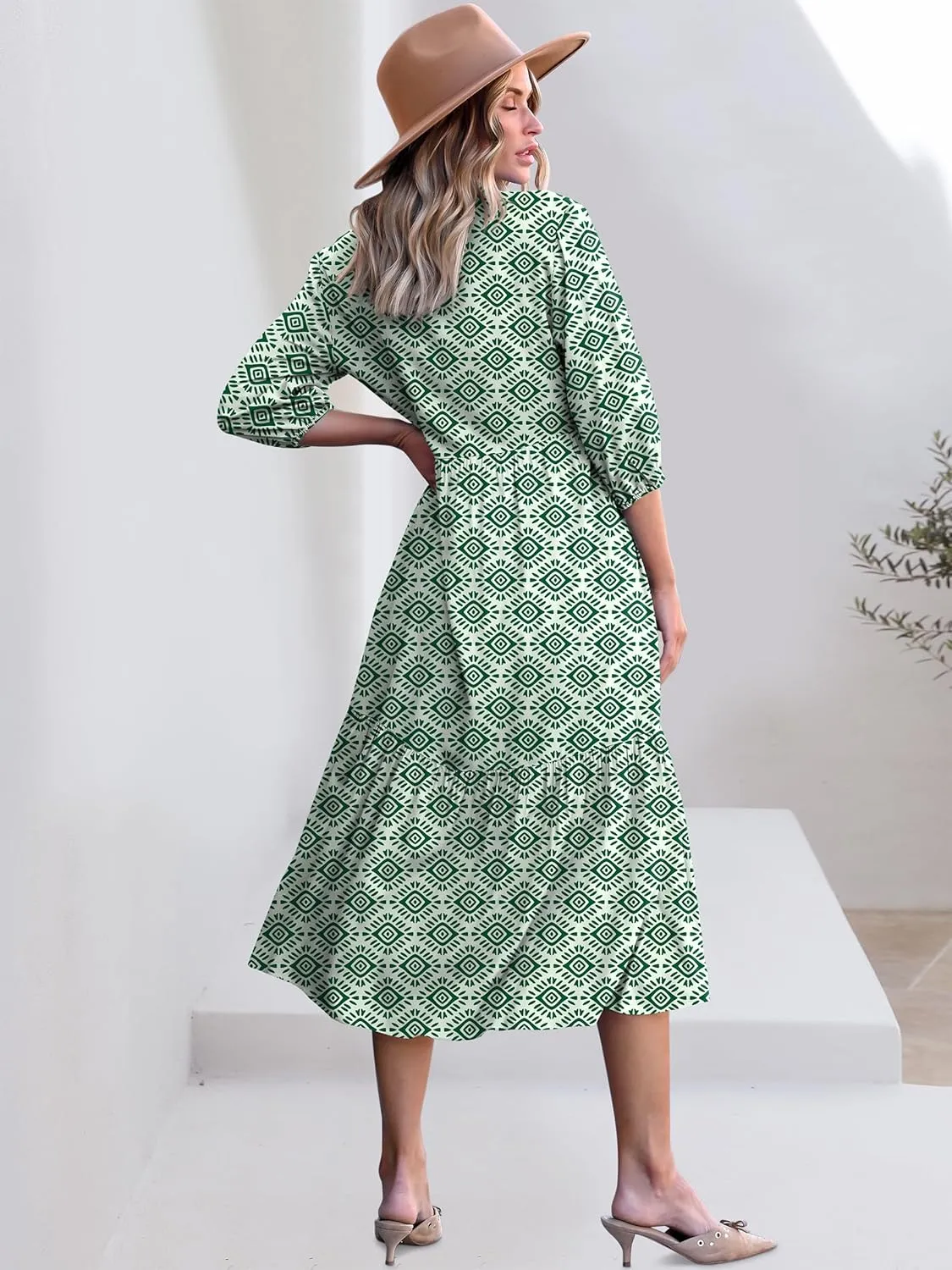 ANRABESS Women Casual 3/4 Puff Sleeve Polo V Neck Floral Printed Flowy Swing Loose Summer Boho Maxi Shirt Dresses
