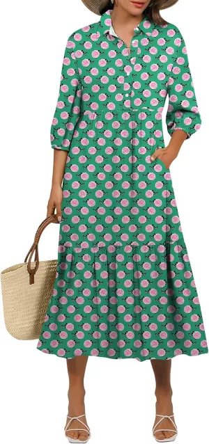 ANRABESS Women Casual 3/4 Puff Sleeve Polo V Neck Floral Printed Flowy Swing Loose Summer Boho Maxi Shirt Dresses