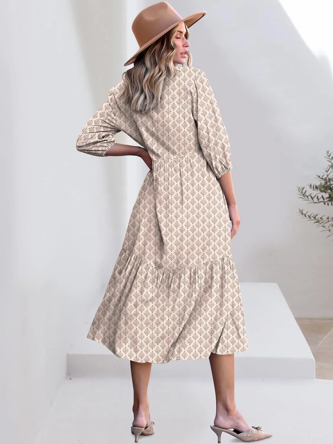 ANRABESS Women Casual 3/4 Puff Sleeve Polo V Neck Floral Printed Flowy Swing Loose Summer Boho Maxi Shirt Dresses