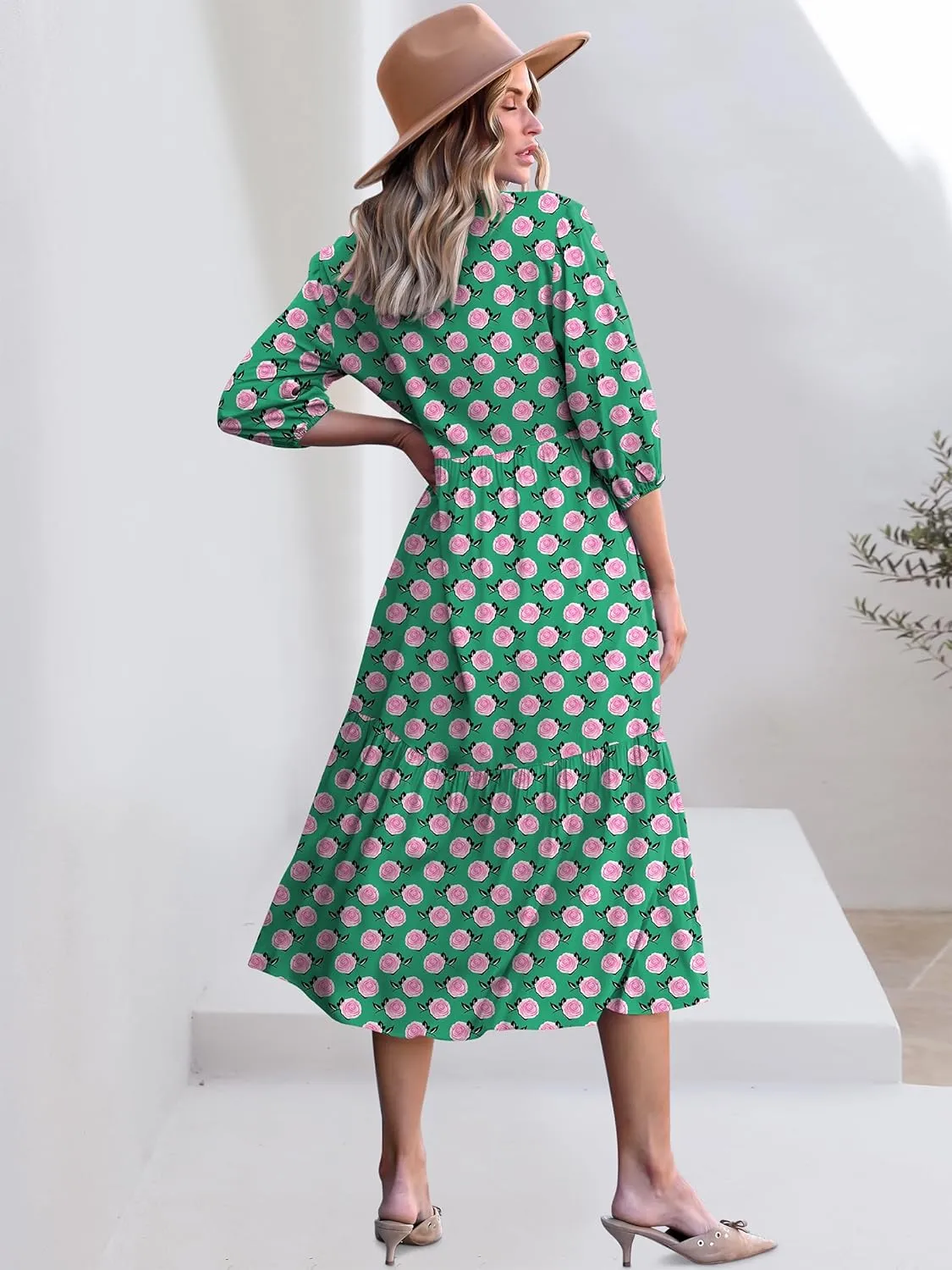 ANRABESS Women Casual 3/4 Puff Sleeve Polo V Neck Floral Printed Flowy Swing Loose Summer Boho Maxi Shirt Dresses