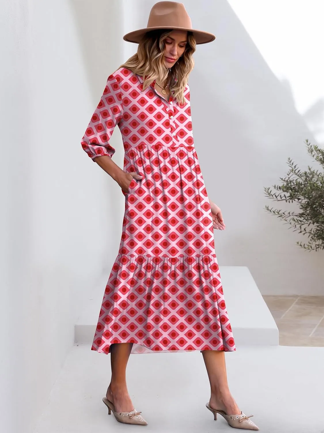 ANRABESS Women Casual 3/4 Puff Sleeve Polo V Neck Floral Printed Flowy Swing Loose Summer Boho Maxi Shirt Dresses