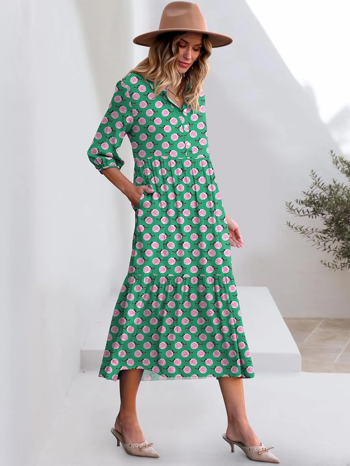 ANRABESS Women Casual 3/4 Puff Sleeve Polo V Neck Floral Printed Flowy Swing Loose Summer Boho Maxi Shirt Dresses