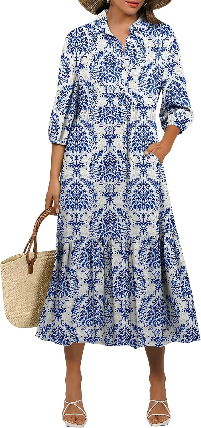ANRABESS Women Casual 3/4 Puff Sleeve Polo V Neck Floral Printed Flowy Swing Loose Summer Boho Maxi Shirt Dresses