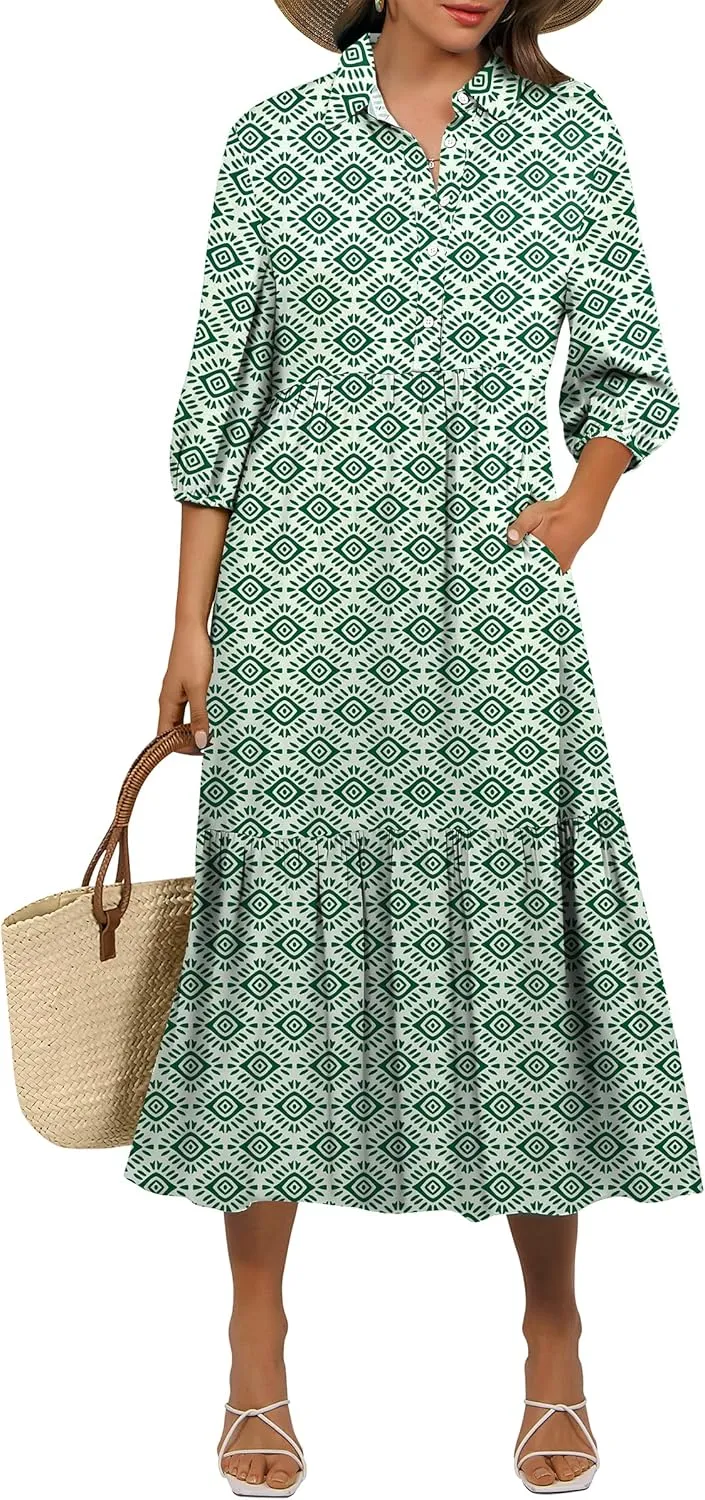 ANRABESS Women Casual 3/4 Puff Sleeve Polo V Neck Floral Printed Flowy Swing Loose Summer Boho Maxi Shirt Dresses