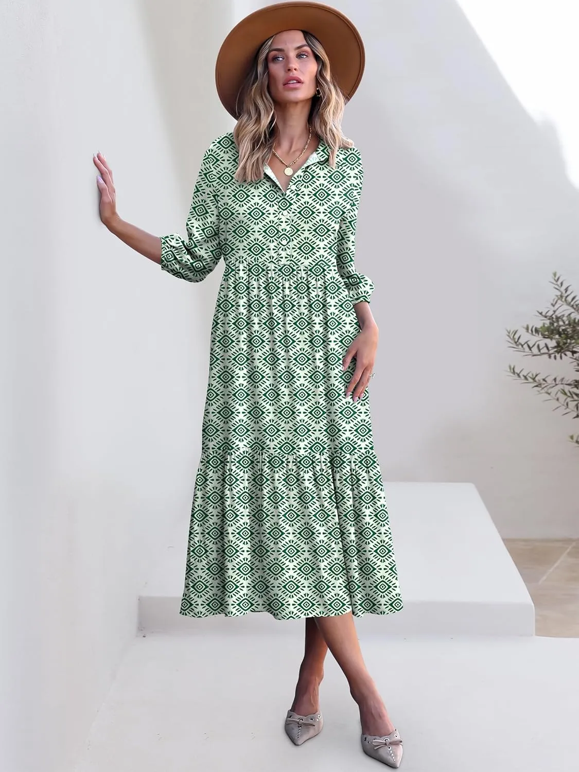 ANRABESS Women Casual 3/4 Puff Sleeve Polo V Neck Floral Printed Flowy Swing Loose Summer Boho Maxi Shirt Dresses