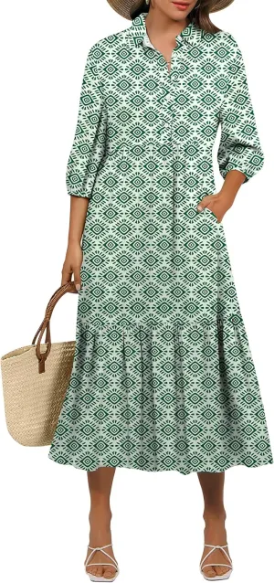 ANRABESS Women Casual 3/4 Puff Sleeve Polo V Neck Floral Printed Flowy Swing Loose Summer Boho Maxi Shirt Dresses