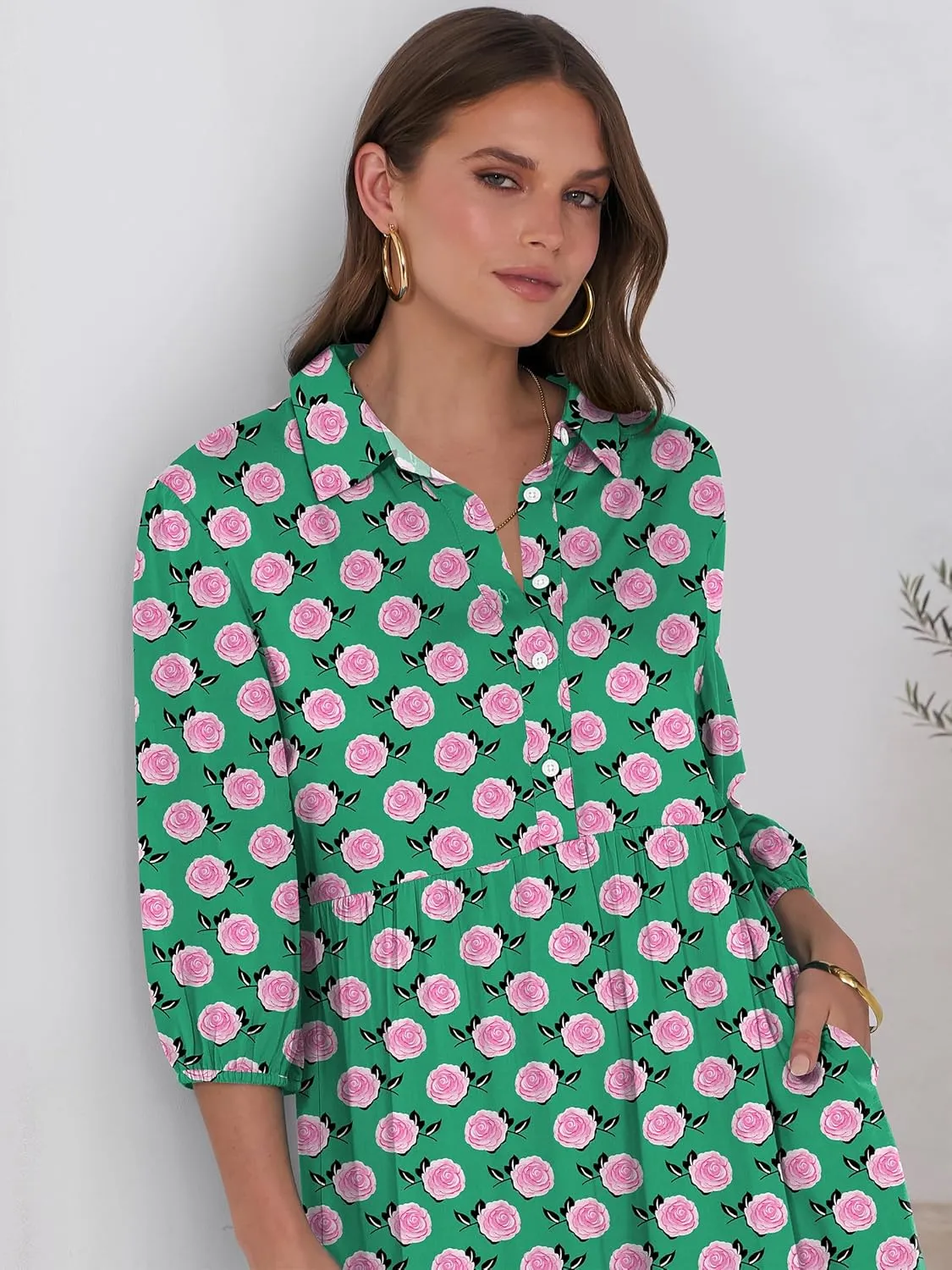 ANRABESS Women Casual 3/4 Puff Sleeve Polo V Neck Floral Printed Flowy Swing Loose Summer Boho Maxi Shirt Dresses
