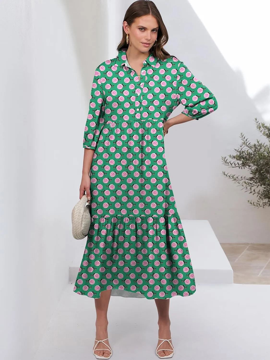 ANRABESS Women Casual 3/4 Puff Sleeve Polo V Neck Floral Printed Flowy Swing Loose Summer Boho Maxi Shirt Dresses