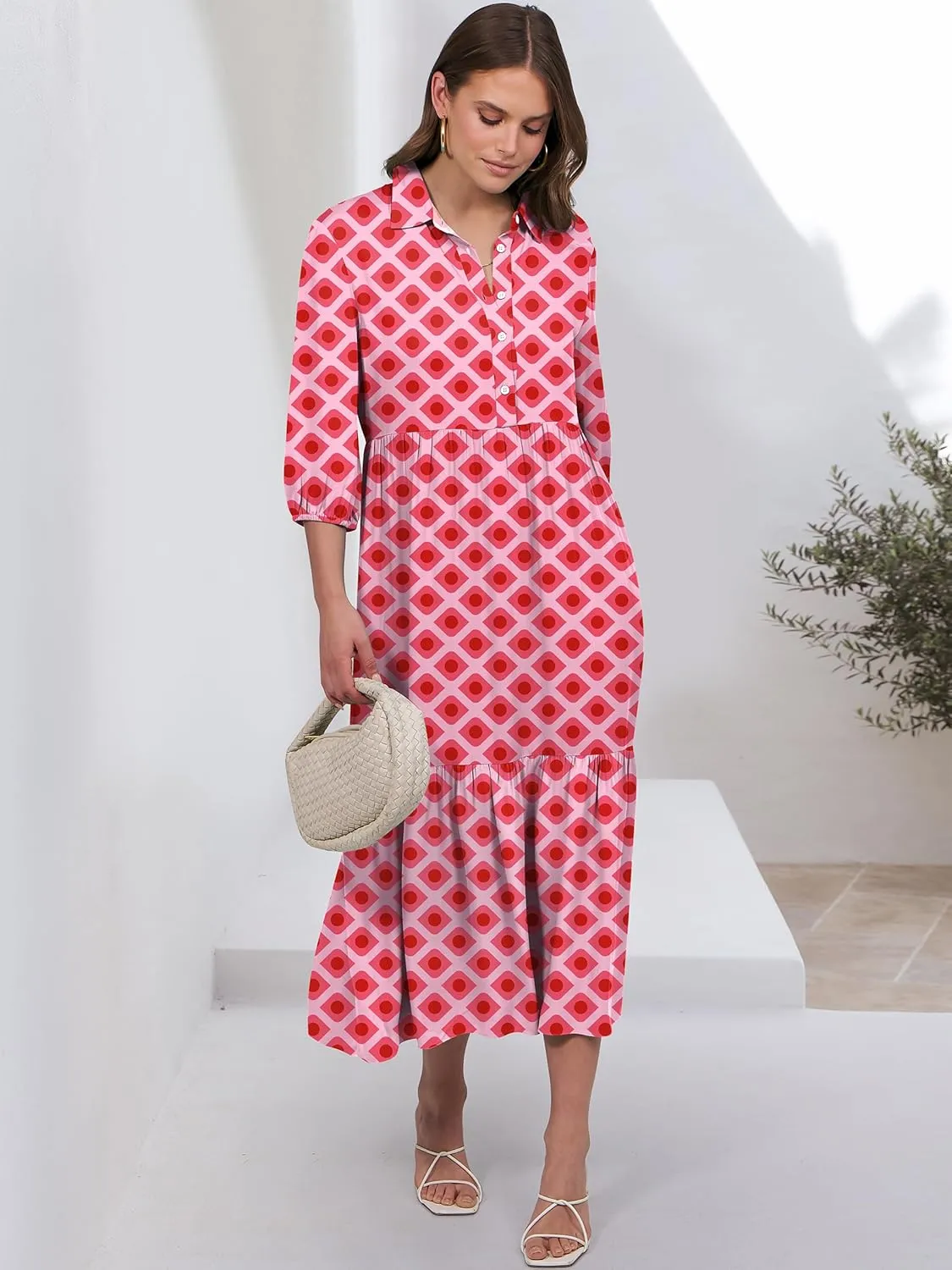 ANRABESS Women Casual 3/4 Puff Sleeve Polo V Neck Floral Printed Flowy Swing Loose Summer Boho Maxi Shirt Dresses