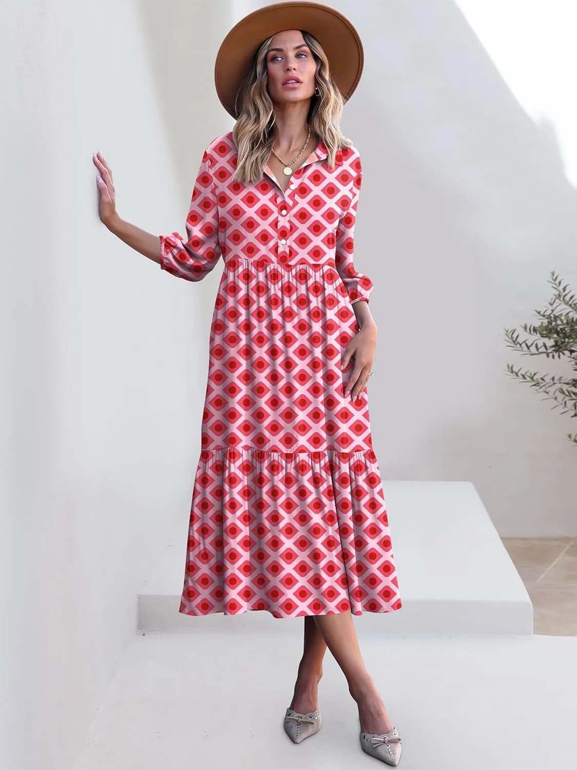 ANRABESS Women Casual 3/4 Puff Sleeve Polo V Neck Floral Printed Flowy Swing Loose Summer Boho Maxi Shirt Dresses