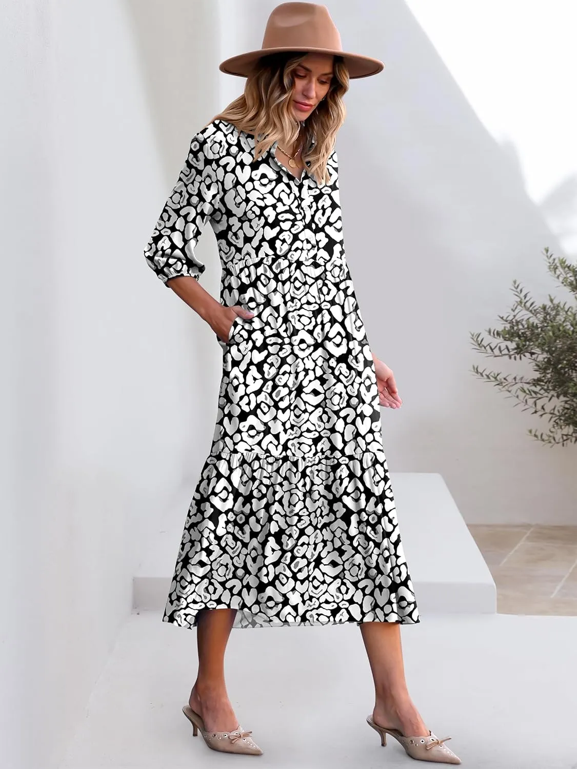 ANRABESS Women Casual 3/4 Puff Sleeve Polo V Neck Floral Printed Flowy Swing Loose Summer Boho Maxi Shirt Dresses