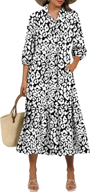 ANRABESS Women Casual 3/4 Puff Sleeve Polo V Neck Floral Printed Flowy Swing Loose Summer Boho Maxi Shirt Dresses
