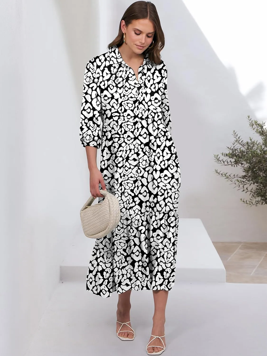 ANRABESS Women Casual 3/4 Puff Sleeve Polo V Neck Floral Printed Flowy Swing Loose Summer Boho Maxi Shirt Dresses
