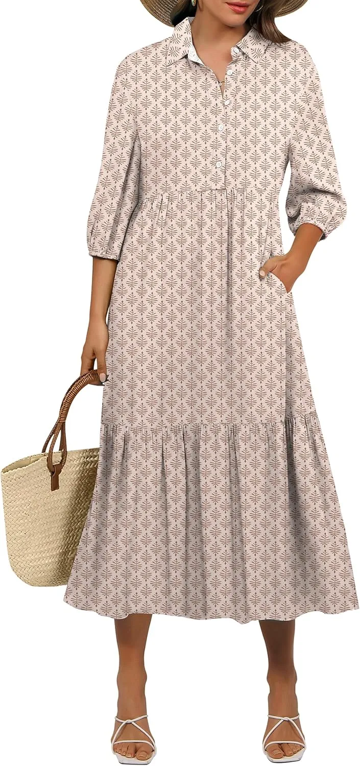 ANRABESS Women Casual 3/4 Puff Sleeve Polo V Neck Floral Printed Flowy Swing Loose Summer Boho Maxi Shirt Dresses