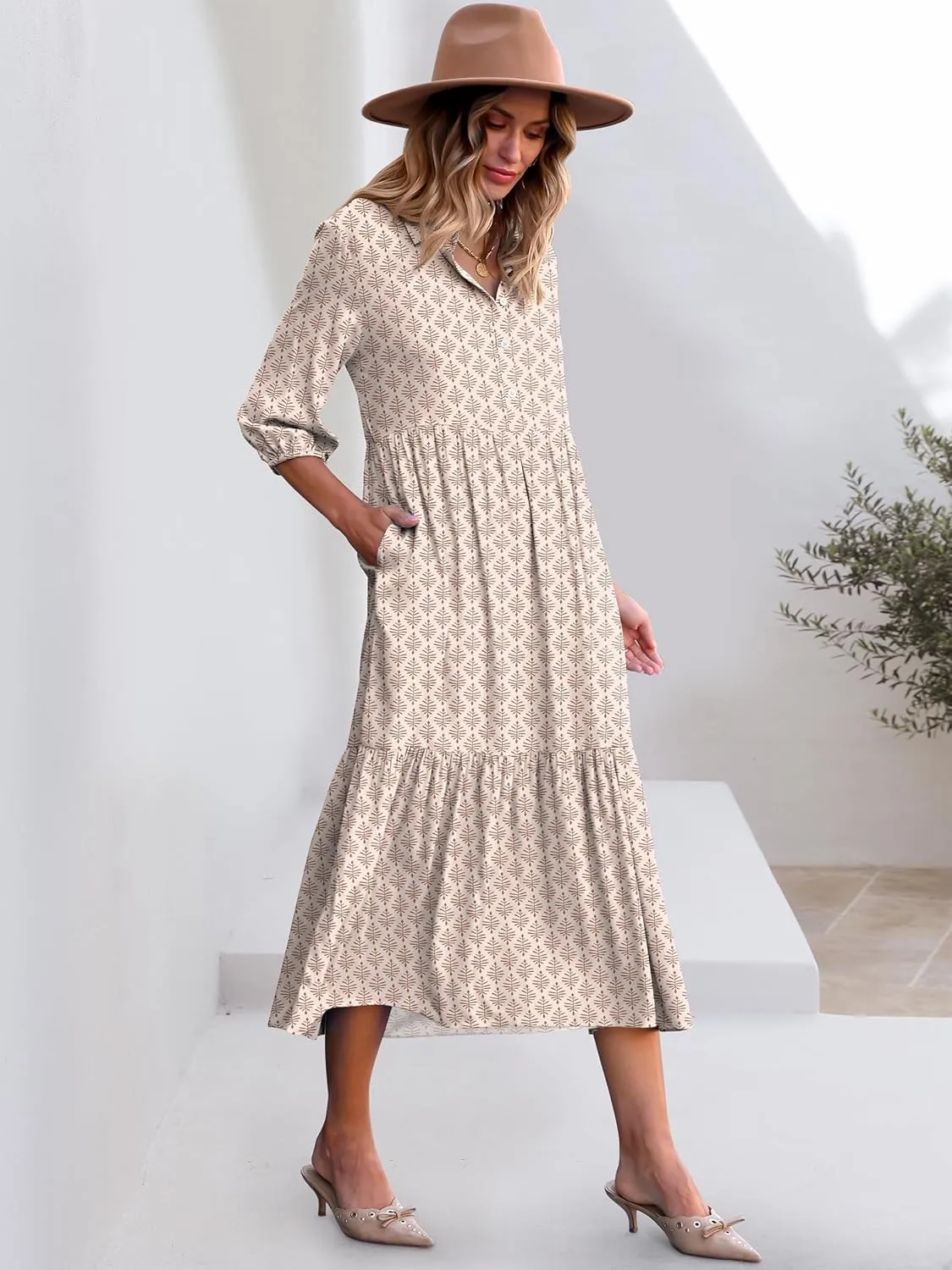 ANRABESS Women Casual 3/4 Puff Sleeve Polo V Neck Floral Printed Flowy Swing Loose Summer Boho Maxi Shirt Dresses