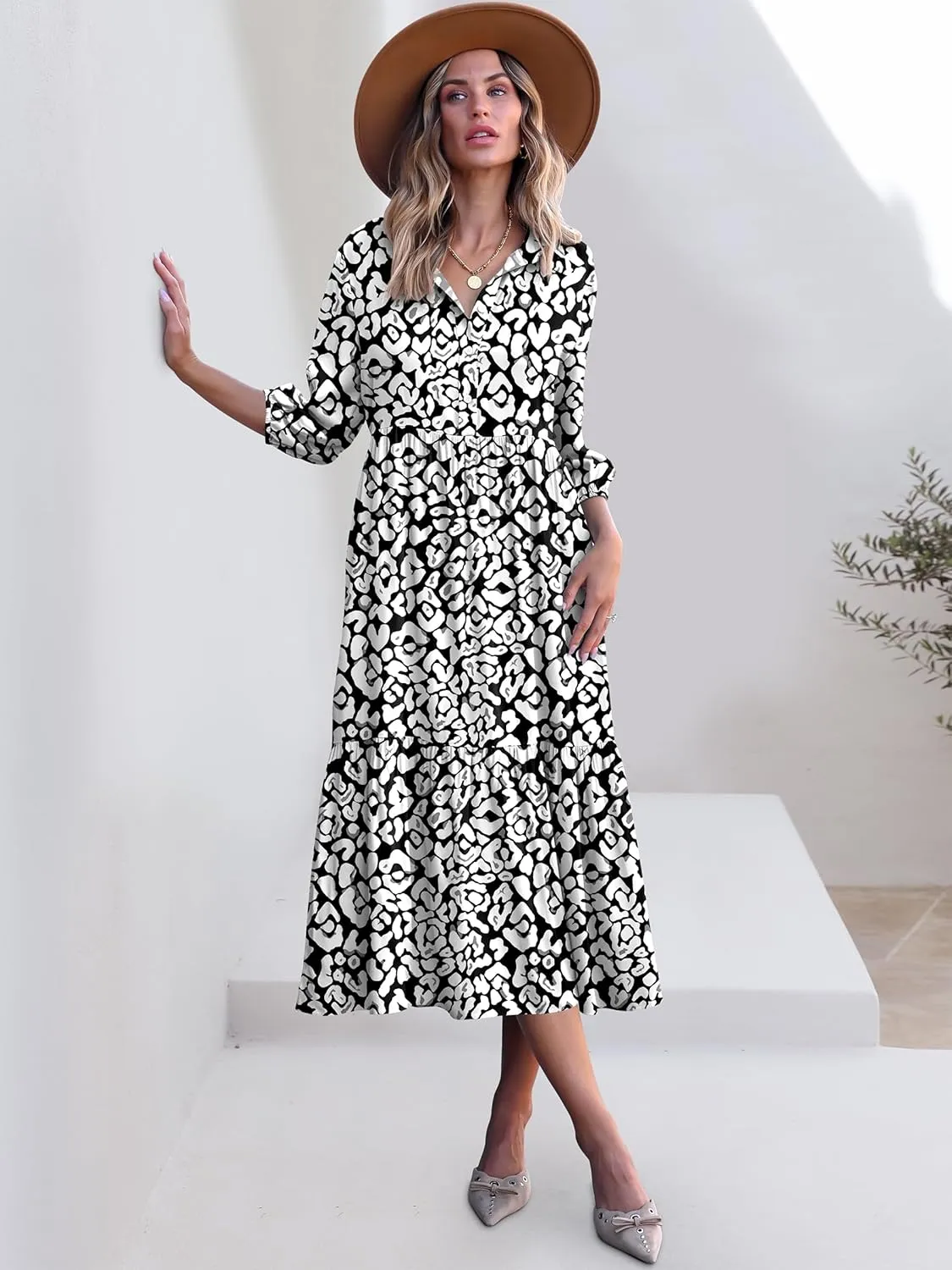 ANRABESS Women Casual 3/4 Puff Sleeve Polo V Neck Floral Printed Flowy Swing Loose Summer Boho Maxi Shirt Dresses