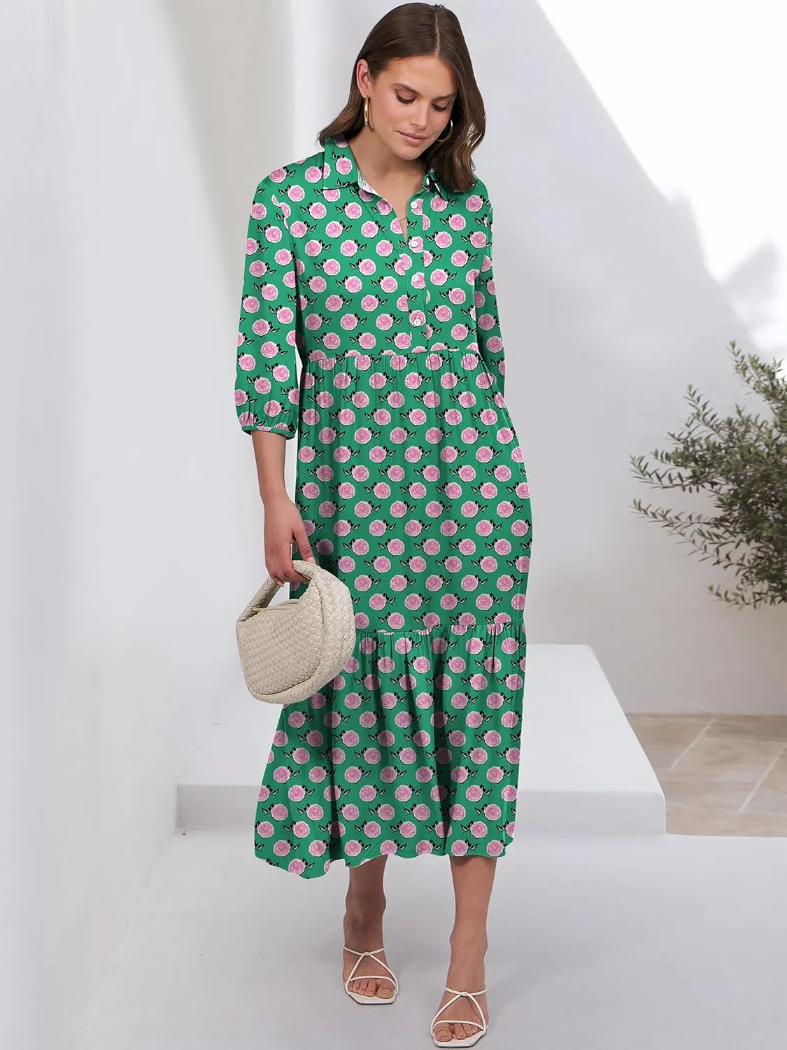 ANRABESS Women Casual 3/4 Puff Sleeve Polo V Neck Floral Printed Flowy Swing Loose Summer Boho Maxi Shirt Dresses