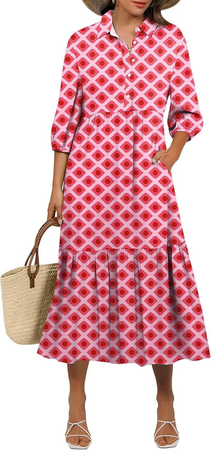 ANRABESS Women Casual 3/4 Puff Sleeve Polo V Neck Floral Printed Flowy Swing Loose Summer Boho Maxi Shirt Dresses