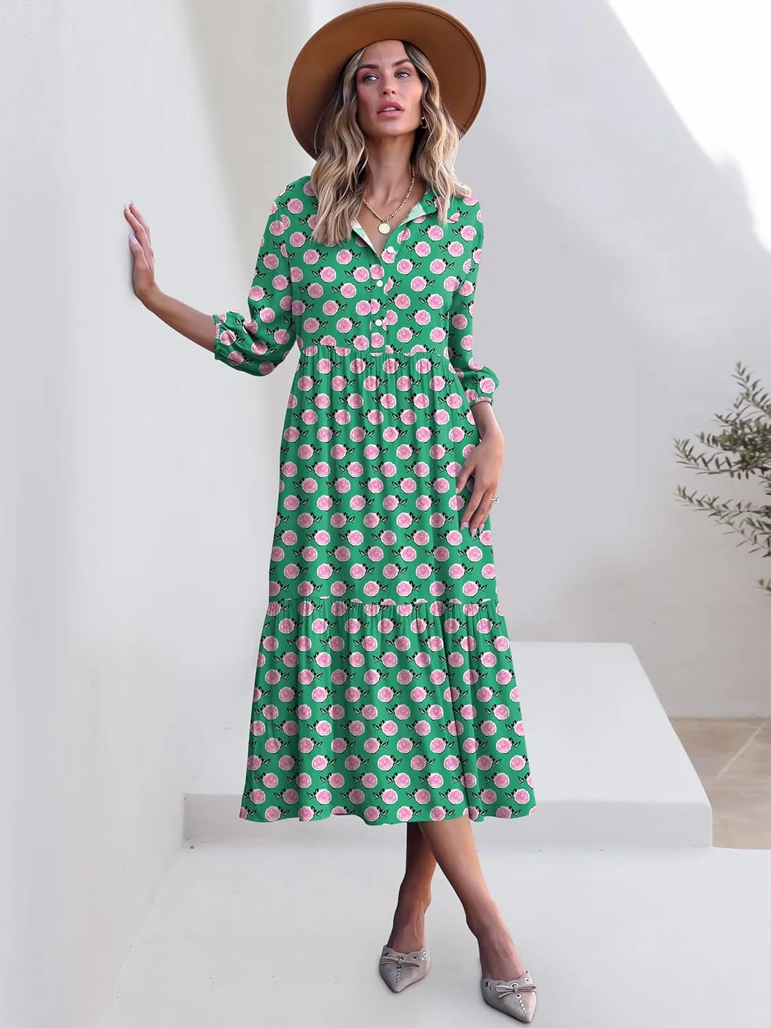ANRABESS Women Casual 3/4 Puff Sleeve Polo V Neck Floral Printed Flowy Swing Loose Summer Boho Maxi Shirt Dresses
