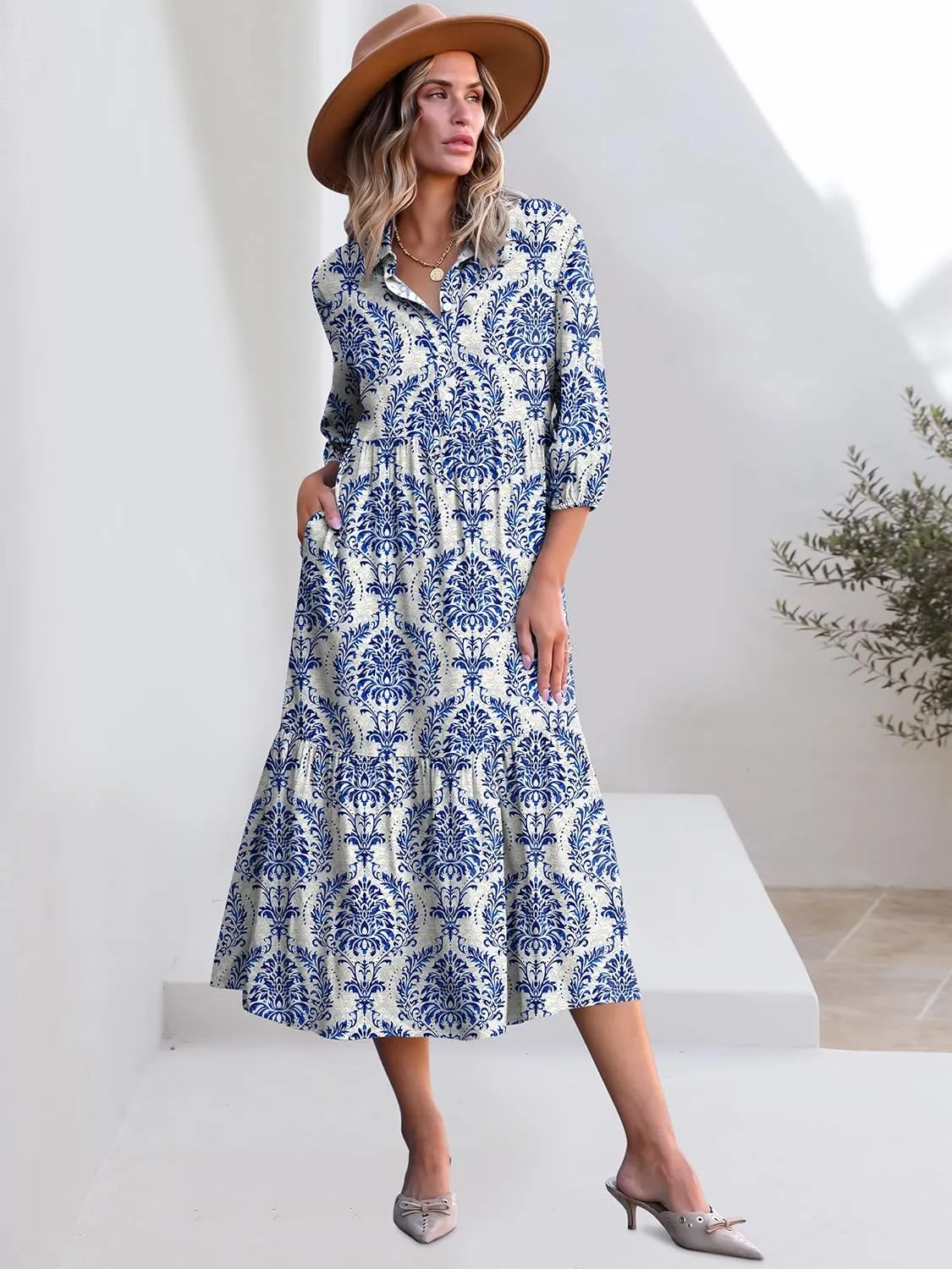 ANRABESS Women Casual 3/4 Puff Sleeve Polo V Neck Floral Printed Flowy Swing Loose Summer Boho Maxi Shirt Dresses