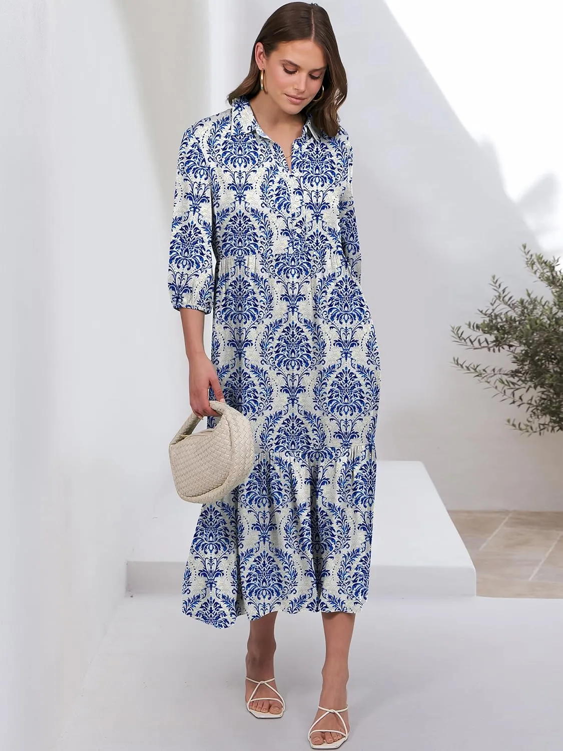 ANRABESS Women Casual 3/4 Puff Sleeve Polo V Neck Floral Printed Flowy Swing Loose Summer Boho Maxi Shirt Dresses