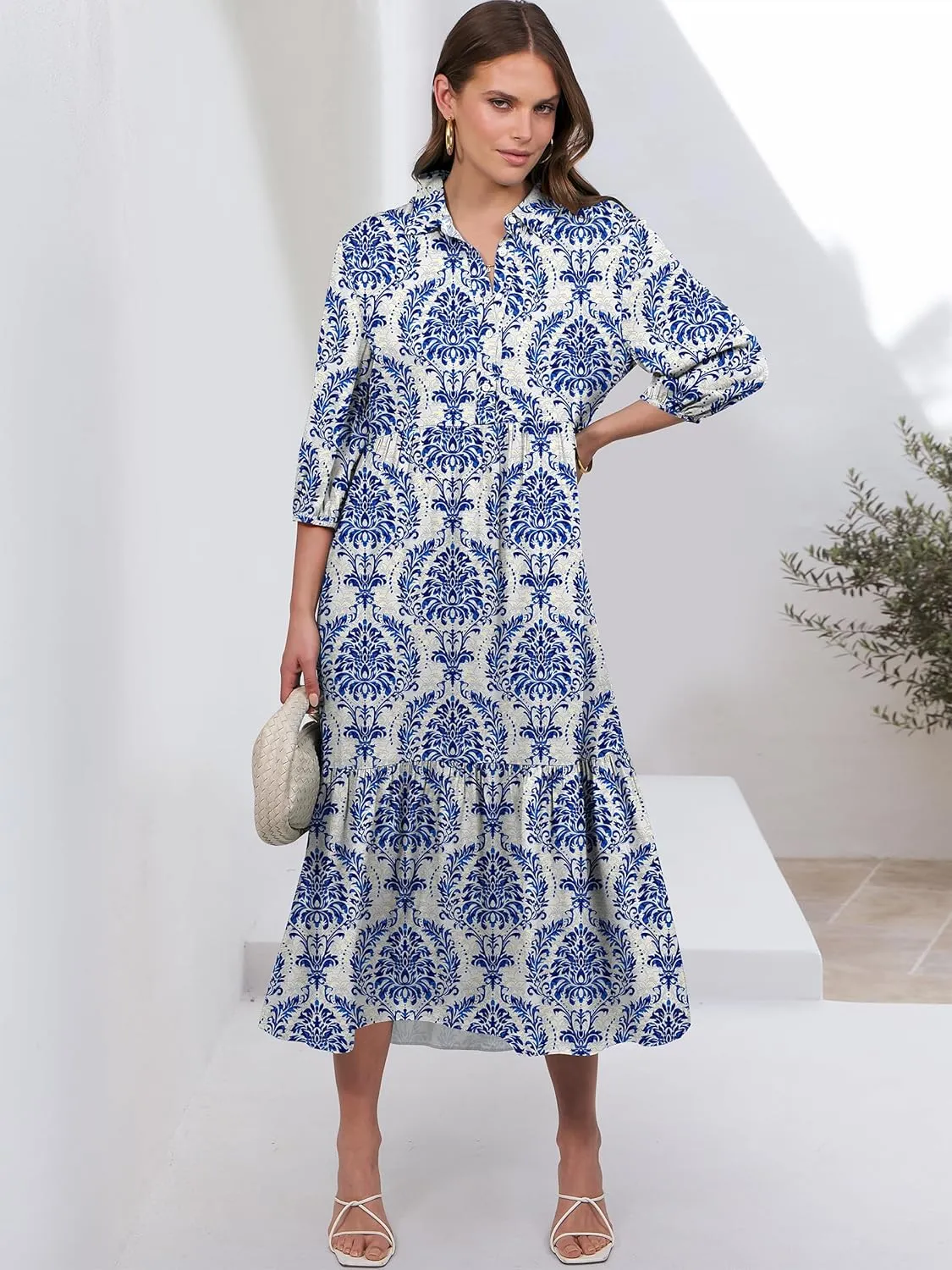ANRABESS Women Casual 3/4 Puff Sleeve Polo V Neck Floral Printed Flowy Swing Loose Summer Boho Maxi Shirt Dresses