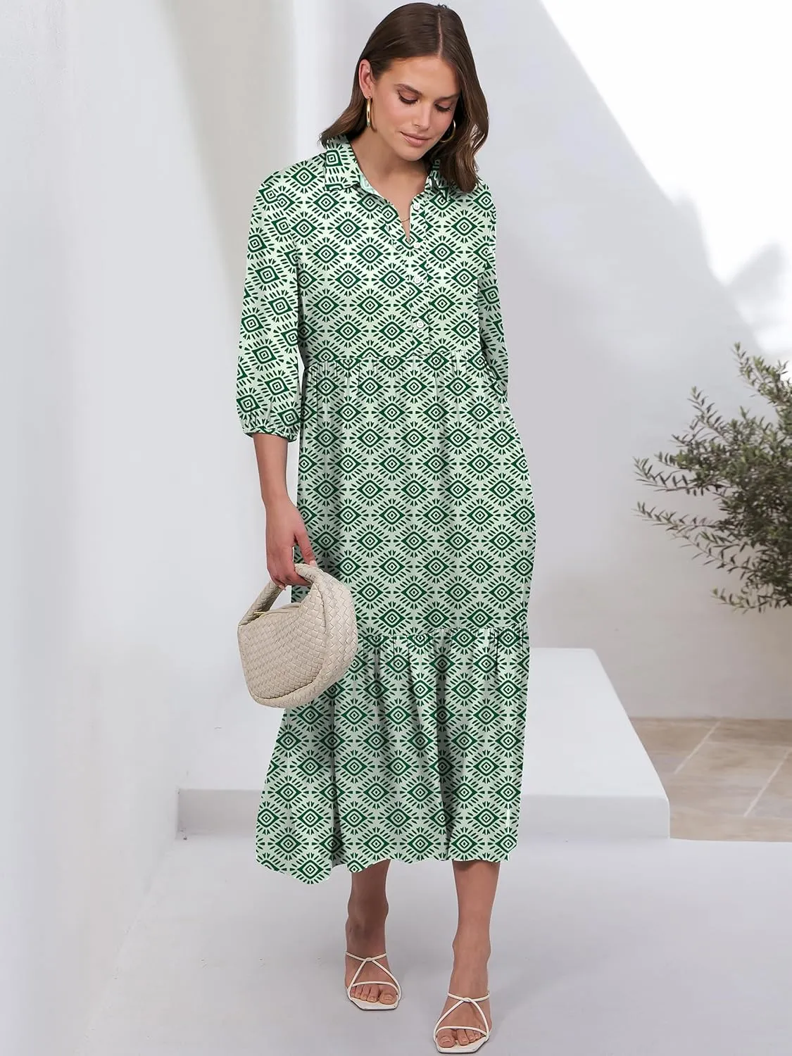 ANRABESS Women Casual 3/4 Puff Sleeve Polo V Neck Floral Printed Flowy Swing Loose Summer Boho Maxi Shirt Dresses