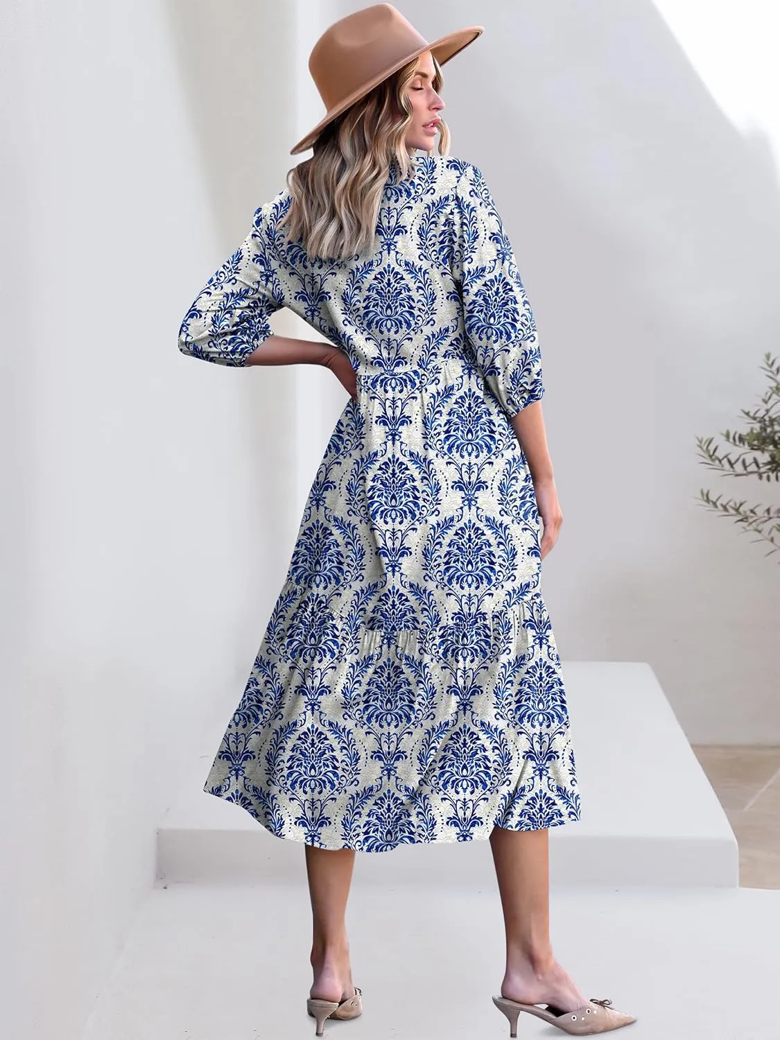 ANRABESS Women Casual 3/4 Puff Sleeve Polo V Neck Floral Printed Flowy Swing Loose Summer Boho Maxi Shirt Dresses