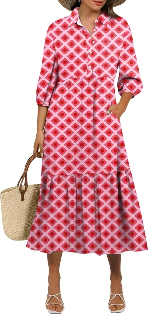 ANRABESS Women Casual 3/4 Puff Sleeve Polo V Neck Floral Printed Flowy Swing Loose Summer Boho Maxi Shirt Dresses
