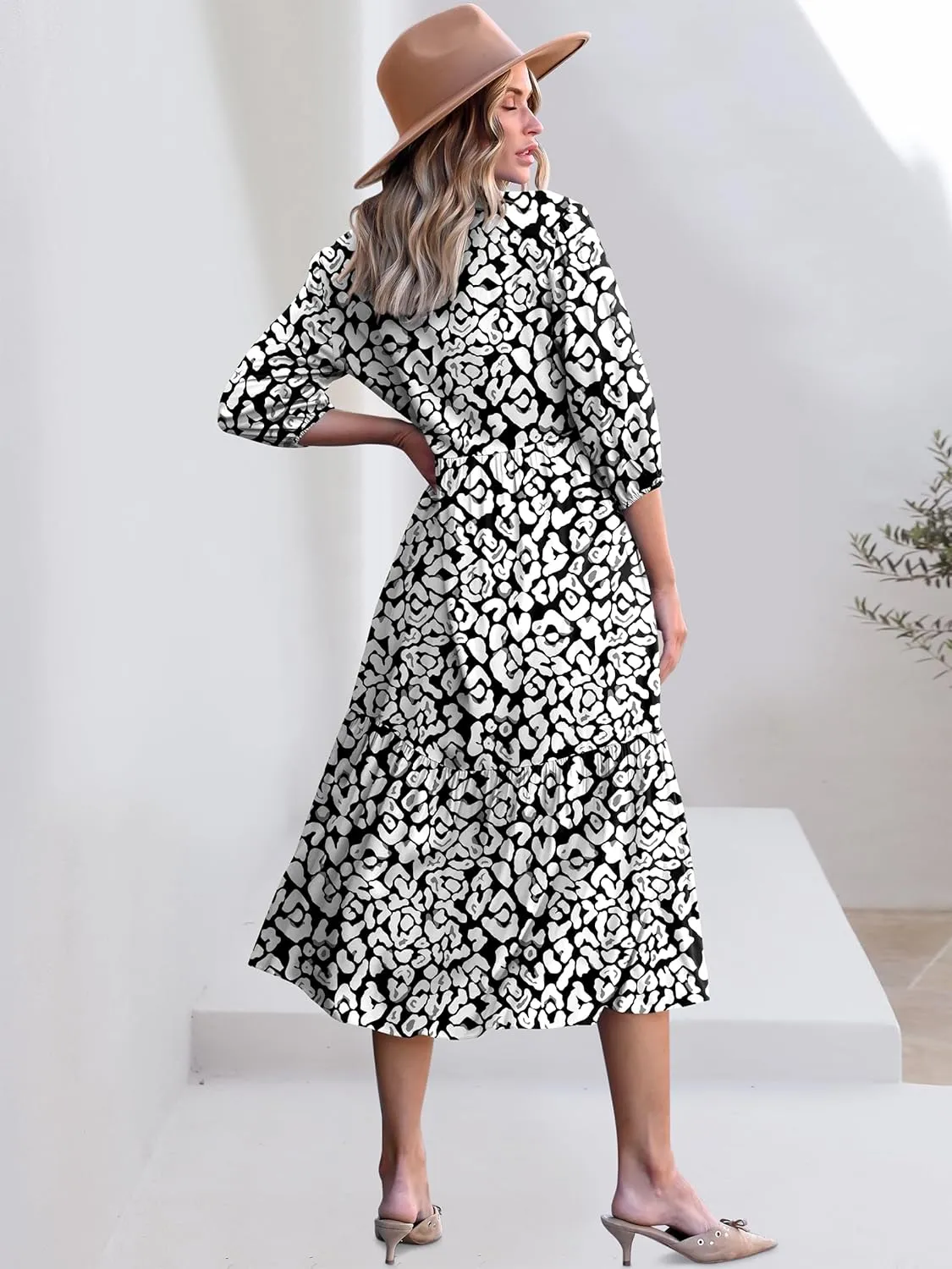 ANRABESS Women Casual 3/4 Puff Sleeve Polo V Neck Floral Printed Flowy Swing Loose Summer Boho Maxi Shirt Dresses